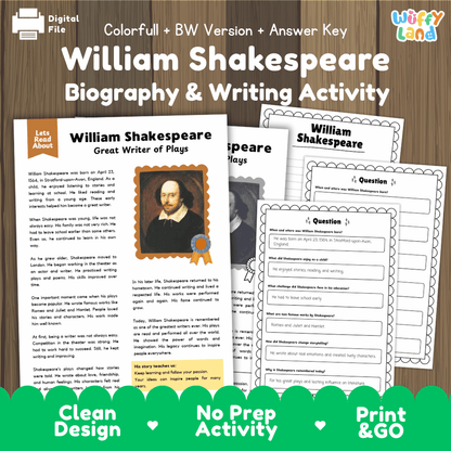 William Shakespeare biography and reading comprehension worksheets pack featuring passage, writing activity, and answer key