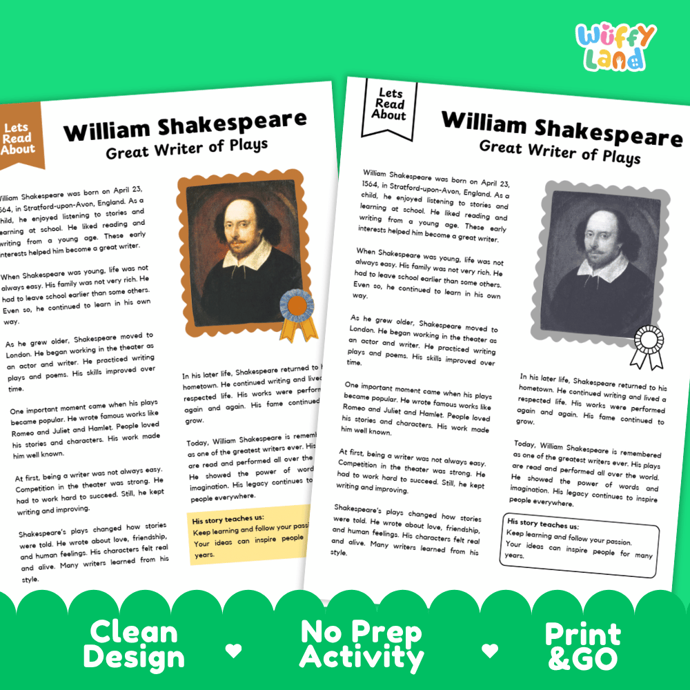 Lined writing activity page with decorative border for student essays and reflections on William Shakespeare