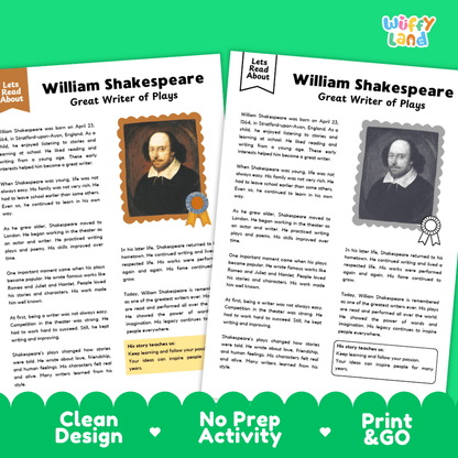 Lined writing activity page with decorative border for student essays and reflections on William Shakespeare