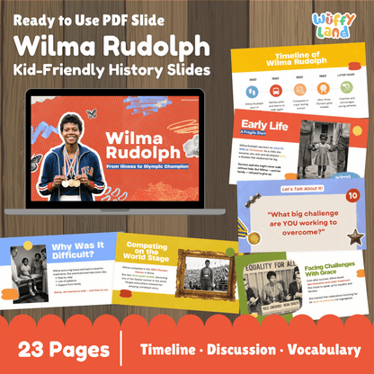 Promotional graphic for Wilma Rudolph kid-friendly history PDF slides, showing a laptop with the main slide and several surrounding slide previews on a wood background. Text reads 'Ready to Use PDF Slide Wilma Rudolph Kid-Friendly History Slides' and '23 Pages | Timeline | Discussion | Vocabulary.
