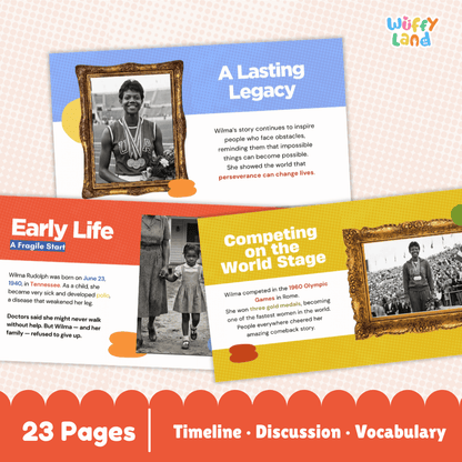 Promotional graphic for a children's educational book or activity set titled 'Wuffy Land' showing three colorful cover panels with text and photos, plus a red banner at the bottom reading '23 Pages | Timeline | Discussion | Vocabulary'.
