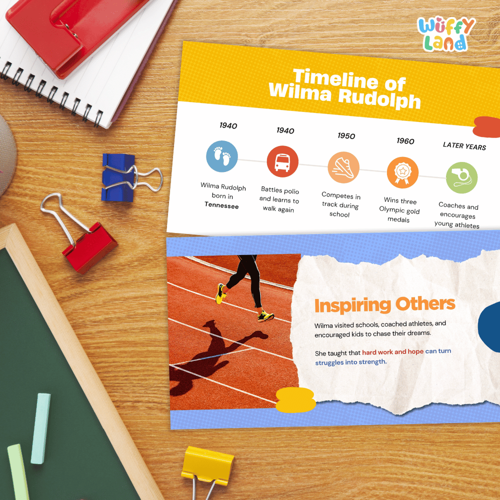 An educational poster titled 'Timeline of Wilma Rudolph' displayed on a wooden desk with school supplies like binder clips, a spiral notebook, chalk, and a red notebook. The poster features a yellow and white timeline layout with photos and text about Wilma Rudolph's life and achievements.