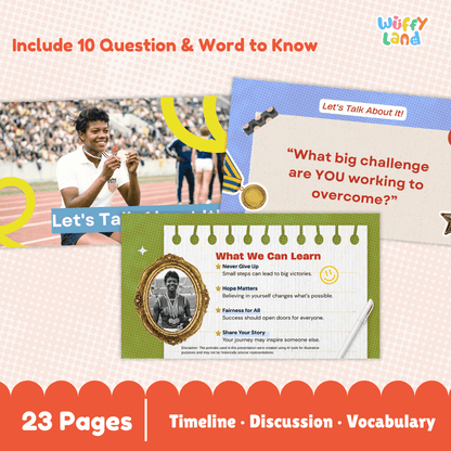 Promotional graphic for a children's educational book or workbook titled 'What We Can Learn' by Wuffy Land. The design shows multiple colorful preview pages with text such as 'Include 10 Question & Word to Know,' 'Let's Talk About It!', and 'What big challenge are YOU working to overcome?' plus a banner reading '23 Pages | Timeline | Discussion | Vocabulary.