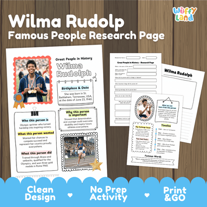 Wilma Rudolph Famous People Research Page Worksheets and Biography Activity