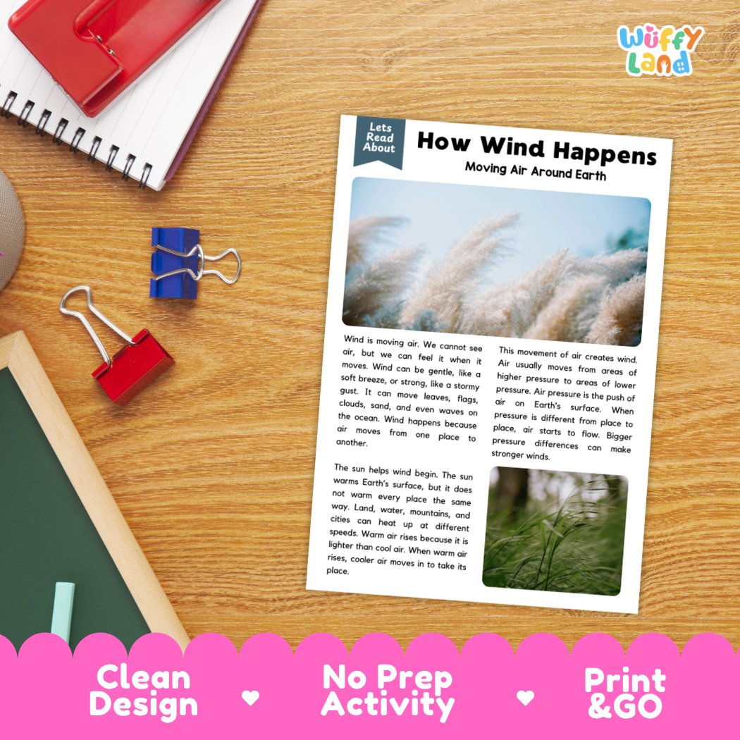 Printable student worksheet with short-answer reading comprehension questions covering wind and meteorology science