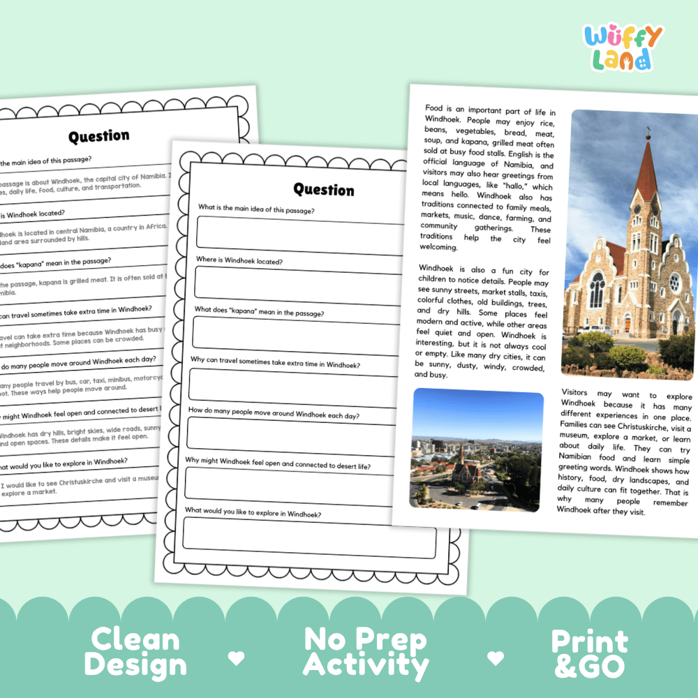 Student reading passage titled A Sunny City in Southern Africa detailing Windhoek Namibia Christuskirche kapana and highland city photography