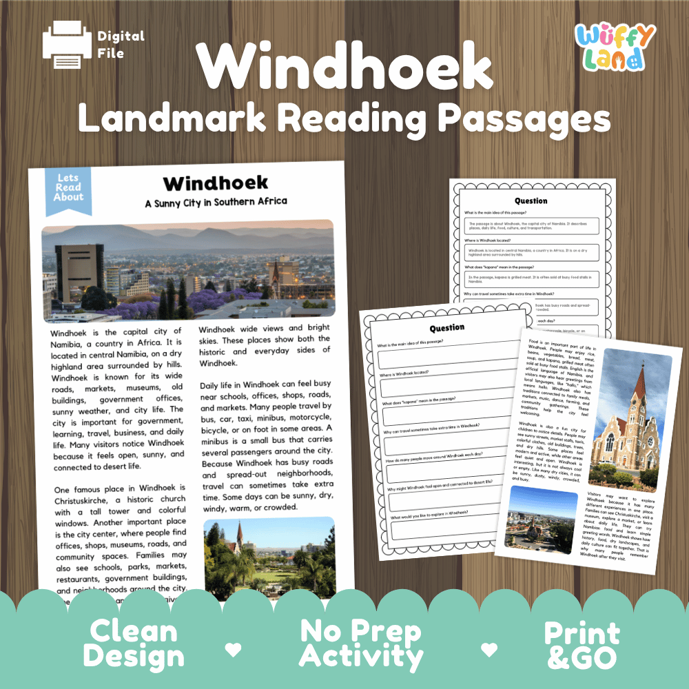 Windhoek landmark reading passage and comprehension worksheet educational unit featuring nonfiction text and authentic Windhoek Namibia cityscape photography