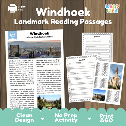 Windhoek landmark reading passage and comprehension worksheet educational unit featuring nonfiction text and authentic Windhoek Namibia cityscape photography