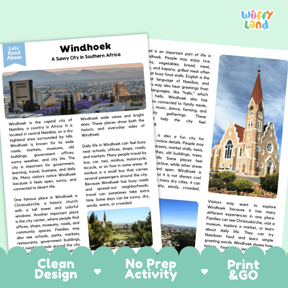 Reference sheet and answer key for Windhoek landmark reading passage displaying completed comprehension answers and African geography facts
