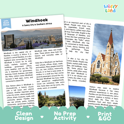 Reference sheet and answer key for Windhoek landmark reading passage displaying completed comprehension answers and African geography facts