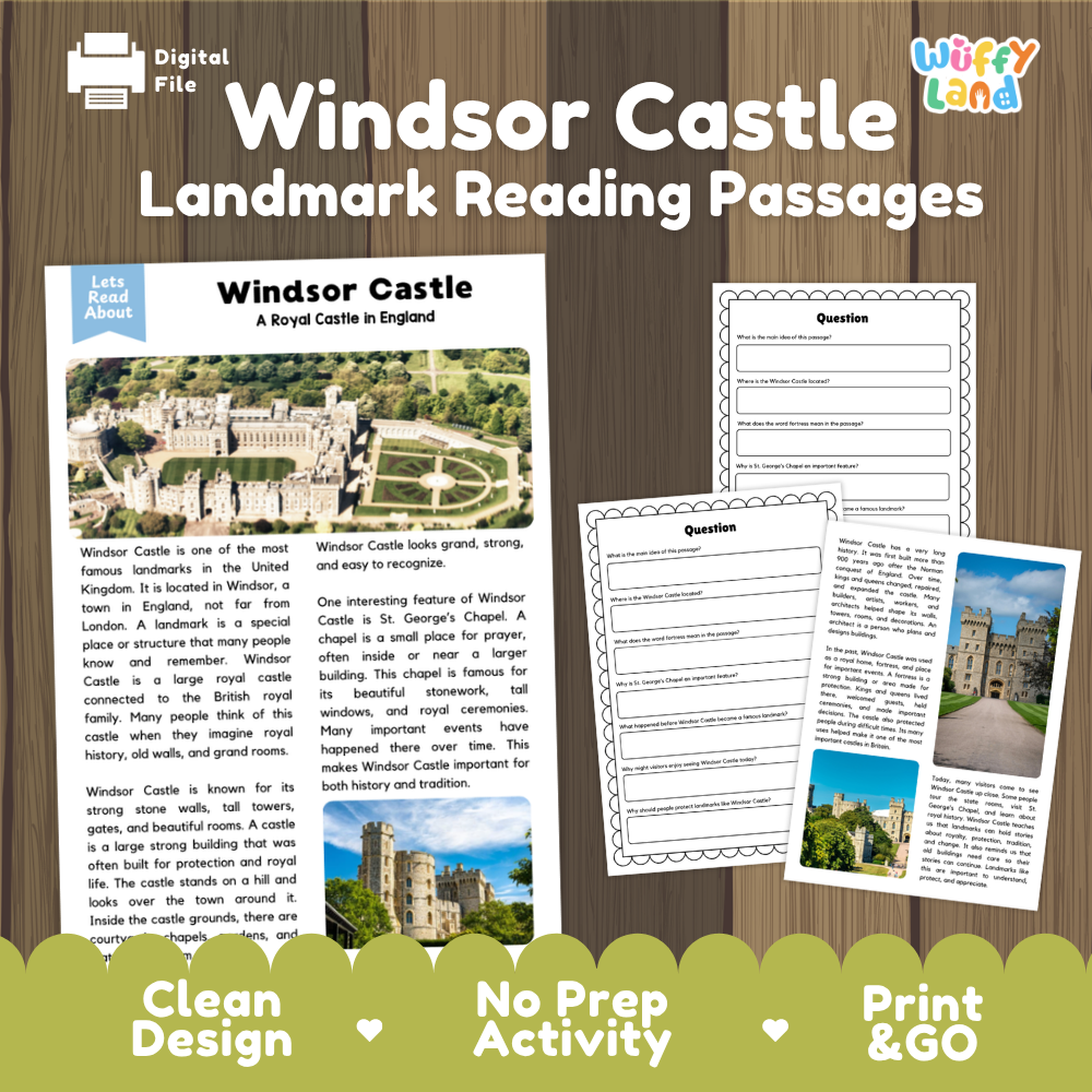 Digital reading activity sheet set about Windsor Castle, shown on a wood background with the title 'Windsor Castle Landmark Reading Passages' and a 'Wiffy Land' logo. The layout includes a main article page, a worksheet with blank question boxes, and a third page preview, plus marketing text at the bottom.