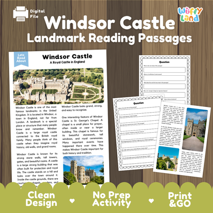 Digital reading activity sheet set about Windsor Castle, shown on a wood background with the title 'Windsor Castle Landmark Reading Passages' and a 'Wiffy Land' logo. The layout includes a main article page, a worksheet with blank question boxes, and a third page preview, plus marketing text at the bottom.