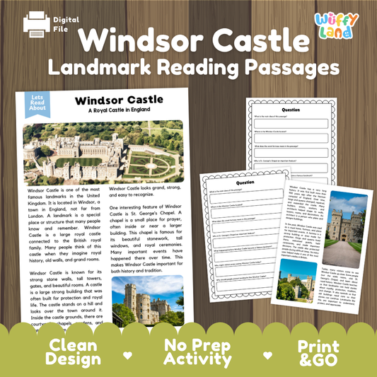 Digital reading activity sheet set about Windsor Castle, shown on a wood background with the title 'Windsor Castle Landmark Reading Passages' and a 'Wiffy Land' logo. The layout includes a main article page, a worksheet with blank question boxes, and a third page preview, plus marketing text at the bottom.