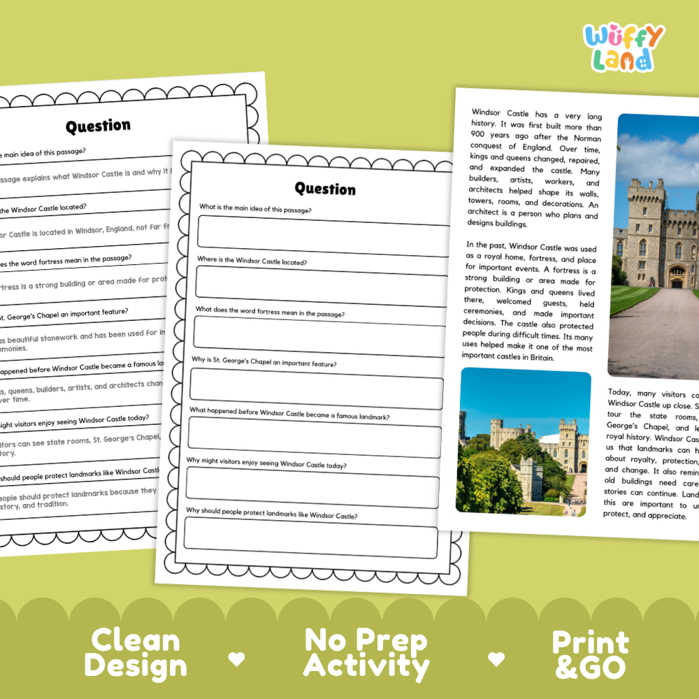 Three printable educational activity sheets for learning about William Castle are displayed on a white background with a green and white 'Wuffy Land' logo in the top right. The sheets feature a clean black-and-white design with one central worksheet titled 'Question' containing fill-in-the-blank prompts, and two other sheets showing text and a small photo of the castle.