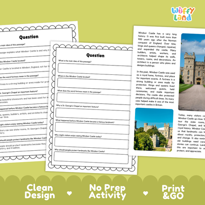 Three printable educational activity sheets for learning about William Castle are displayed on a white background with a green and white 'Wuffy Land' logo in the top right. The sheets feature a clean black-and-white design with one central worksheet titled 'Question' containing fill-in-the-blank prompts, and two other sheets showing text and a small photo of the castle.