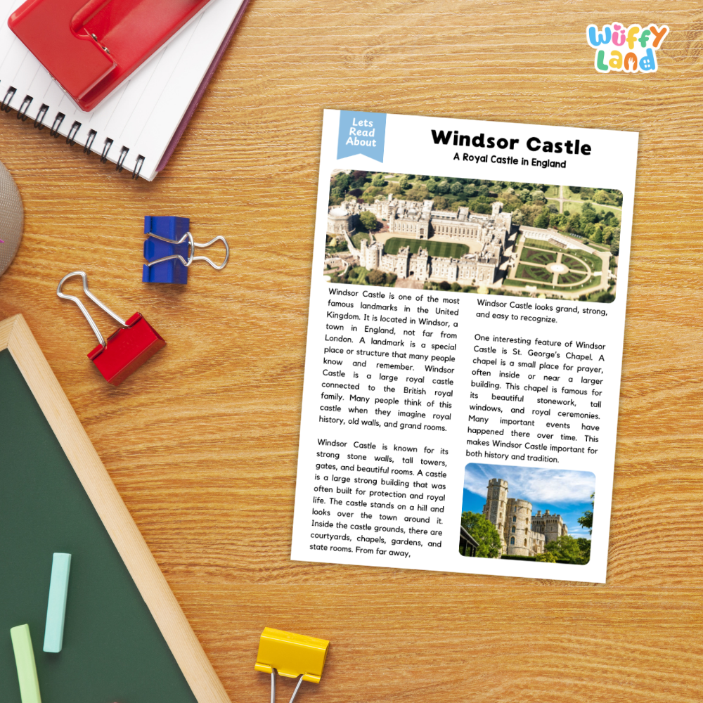 A printed educational poster about Windsor Castle in England lies on a wooden desk, surrounded by school supplies including a spiral notebook, red and blue binder clips, a green folder, and yellow paper clips. The poster features the title 'Windsor Castle' and a small 'Let's Read About' label.