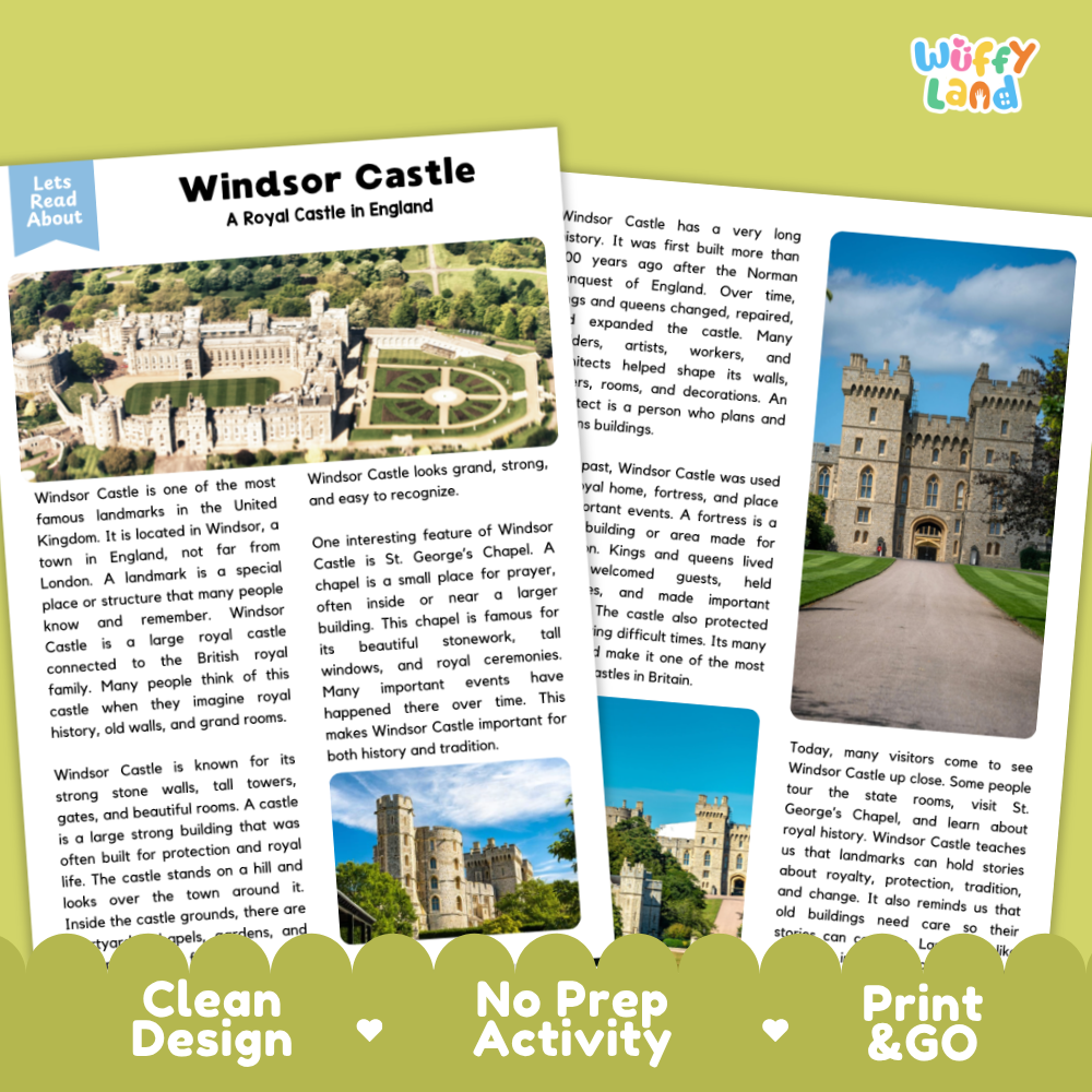 Two educational reading activity sheets about Windsor Castle, shown as a clean product mockup on a white background with the brand name 'Wuffly Land' in the top right corner.