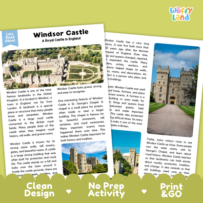 Two educational reading activity sheets about Windsor Castle, shown as a clean product mockup on a white background with the brand name 'Wuffly Land' in the top right corner.