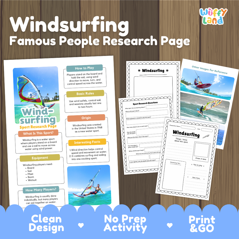 Windsurfing Sport Research Project Worksheets and Fact Sheet Activity