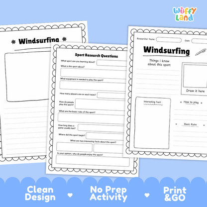 Windsurfing Sport Research Project Worksheets and Fact Sheet Activity