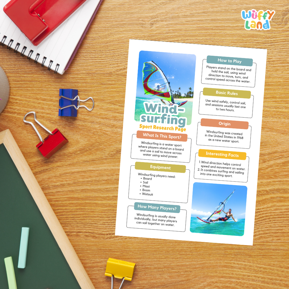 A printed educational poster about windsurfing lies on a wooden desk, surrounded by school supplies including a spiral notebook, binder clips, and a green worksheet. The poster features colorful text blocks, photos of windsurfers, and headings like 'Wind surfing', 'Sport Research Page', and 'How to Play'.