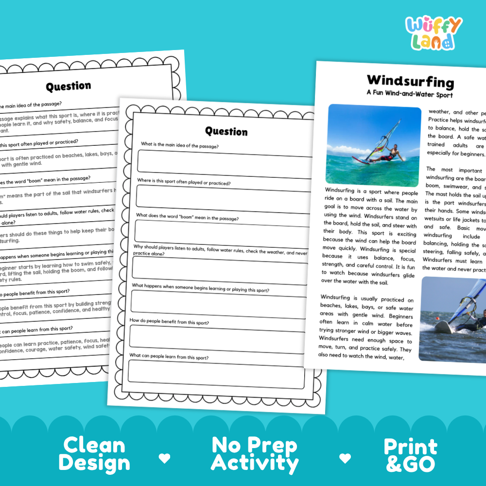 Windsurfing Sports Reading Passages and Comprehension Questions Worksheets