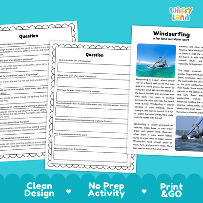 Windsurfing Sports Reading Passages and Comprehension Questions Worksheets