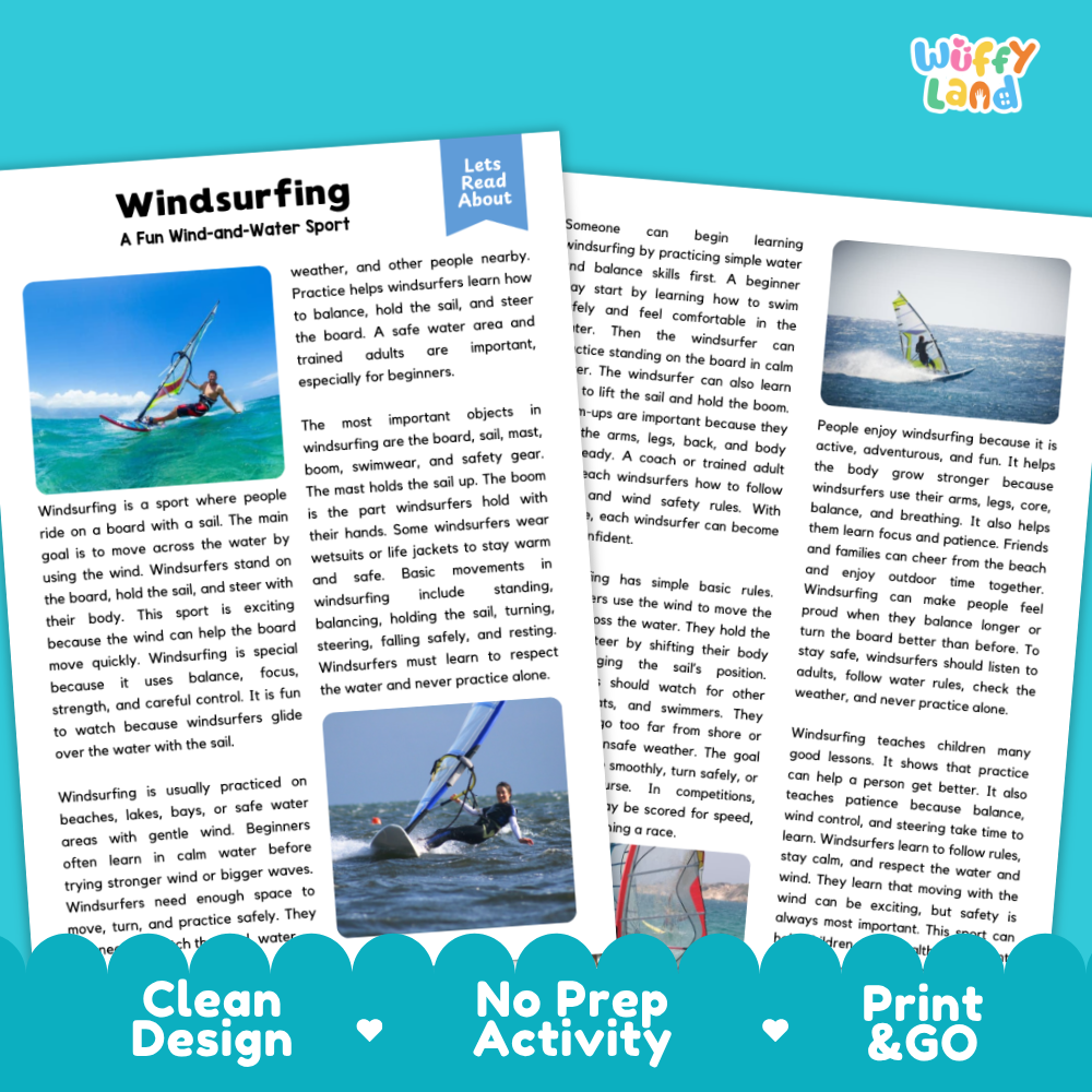 Windsurfing Sports Reading Passages and Comprehension Questions Worksheets