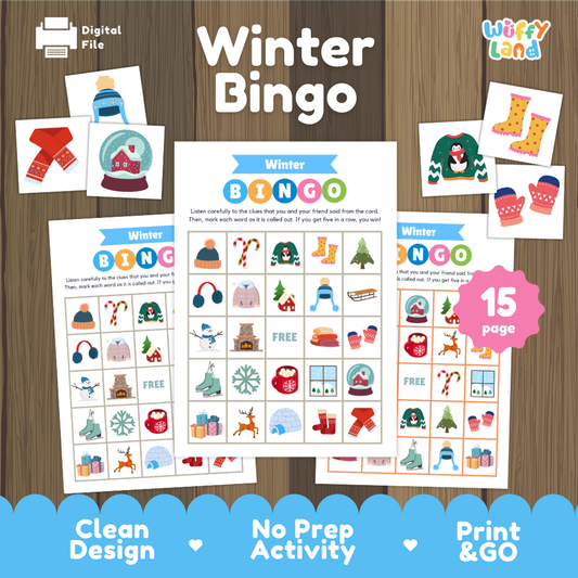 Winter bingo game cover showing 15-page printable bingo boards and matching calling cards