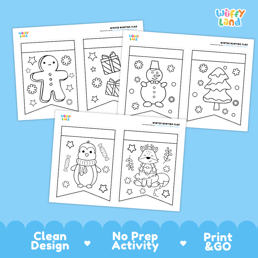 Printable flag templates featuring gingerbread men, gift boxes, snowmen, and winter trees