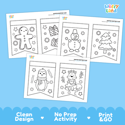 Printable flag templates featuring gingerbread men, gift boxes, snowmen, and winter trees