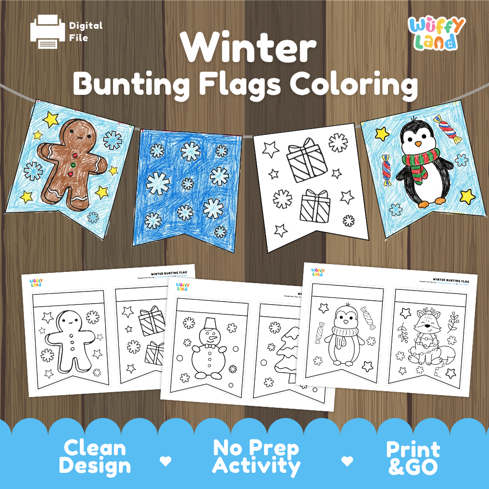 Winter bunting flags coloring cover showing printable garland activity sheets and colored hanging flags
