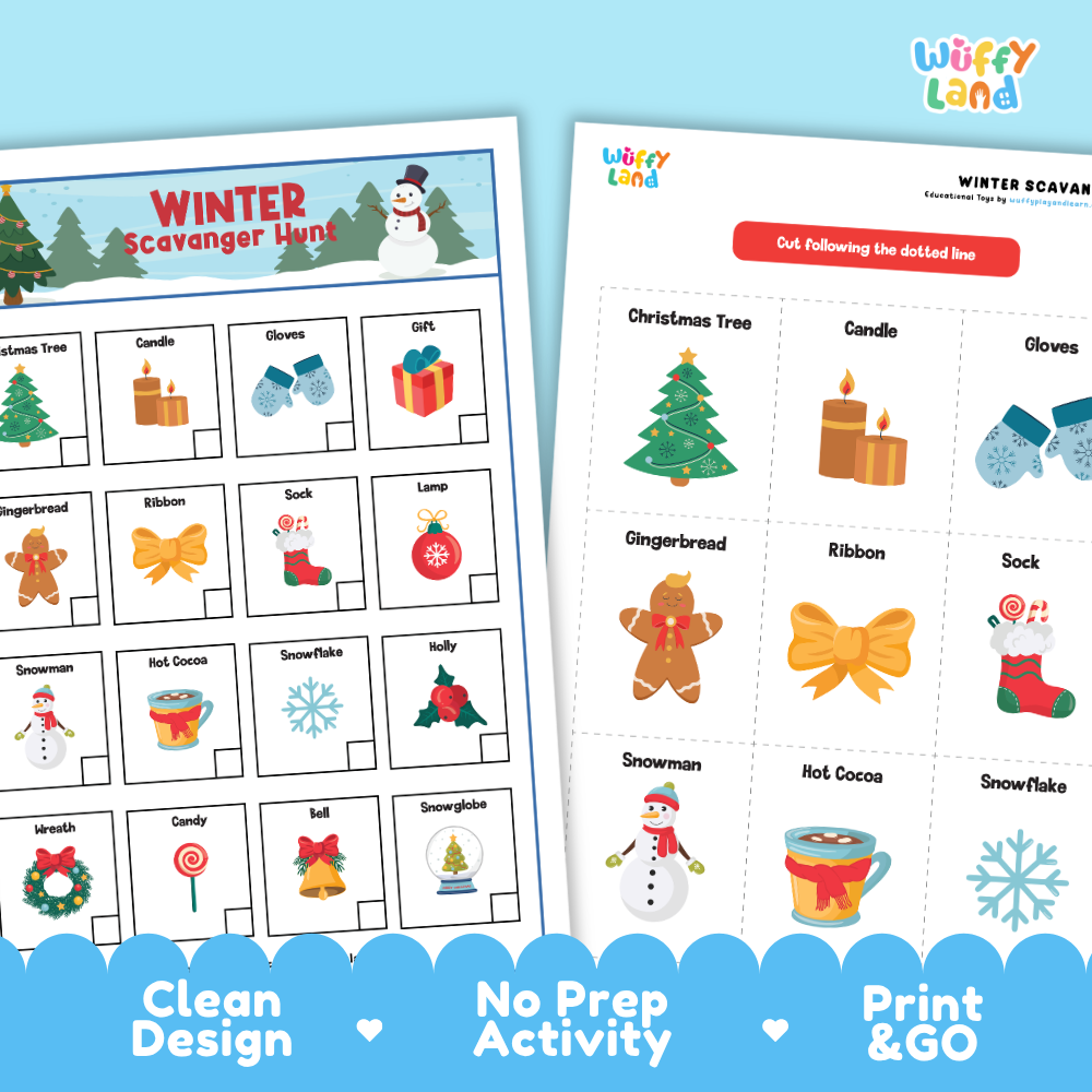 Close-up of individual picture cards featuring ribbons, wreaths, and hot cocoa mugs