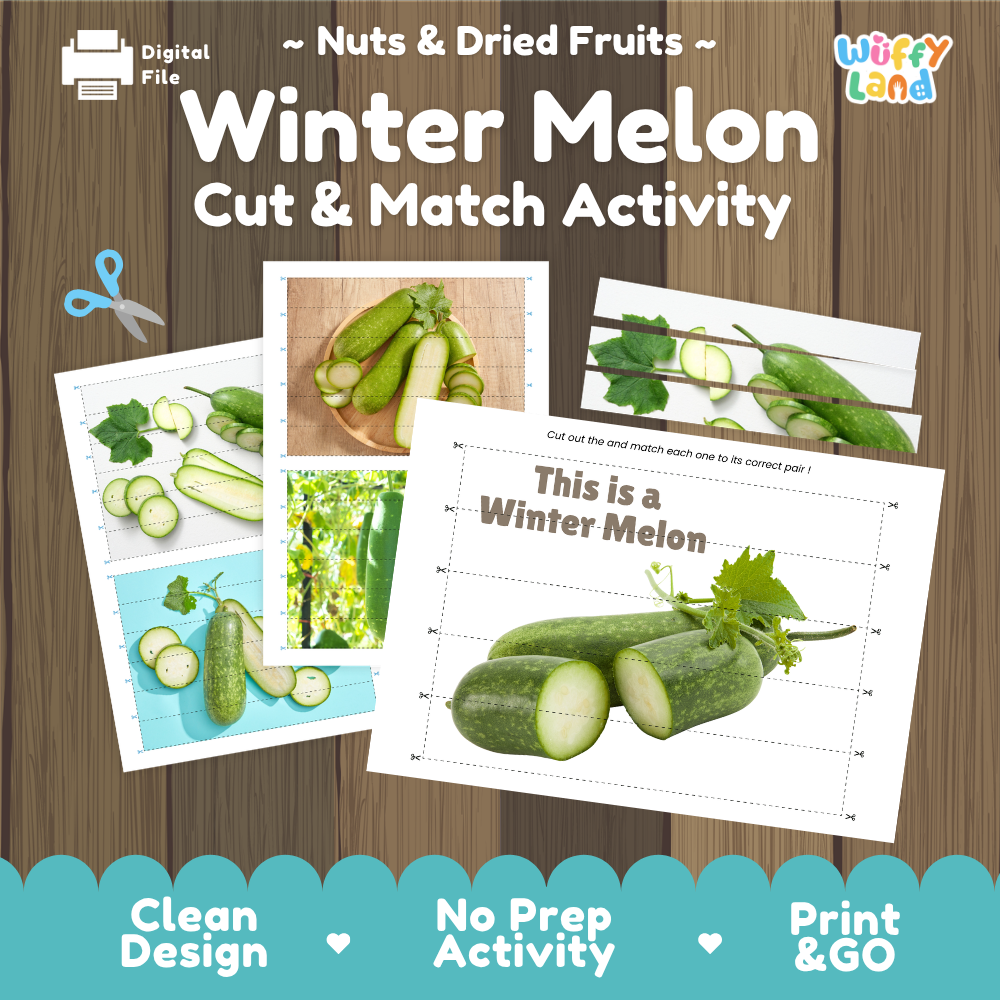 Winter melon cut and match activity cover showing printable fine motor puzzle sheets and produce photographs