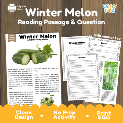 Winter Melon reading comprehension passage and questions printable activity pack with answer key for elementary students