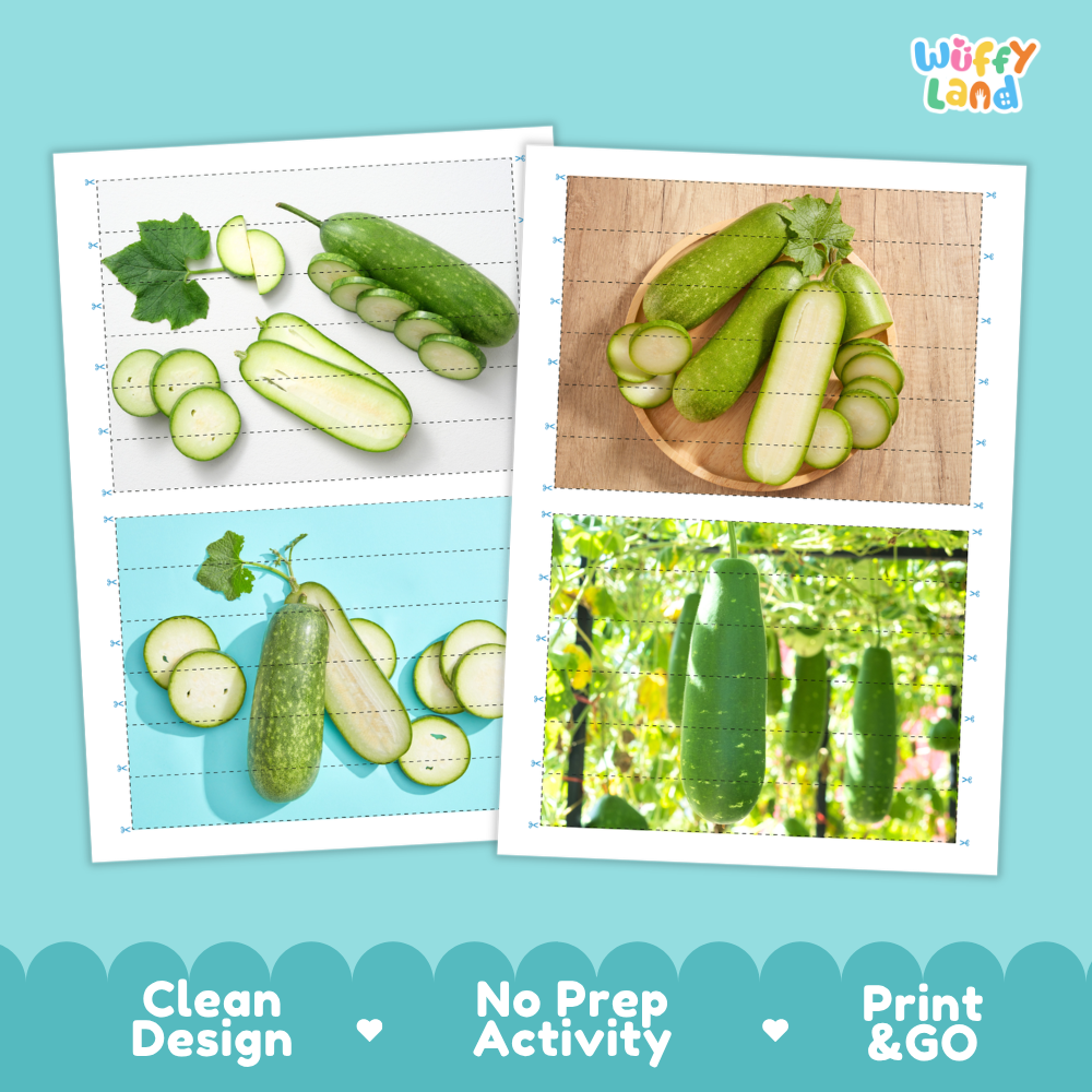 Printable activity sheets featuring photographic winter melon puzzle boards and cutting guides