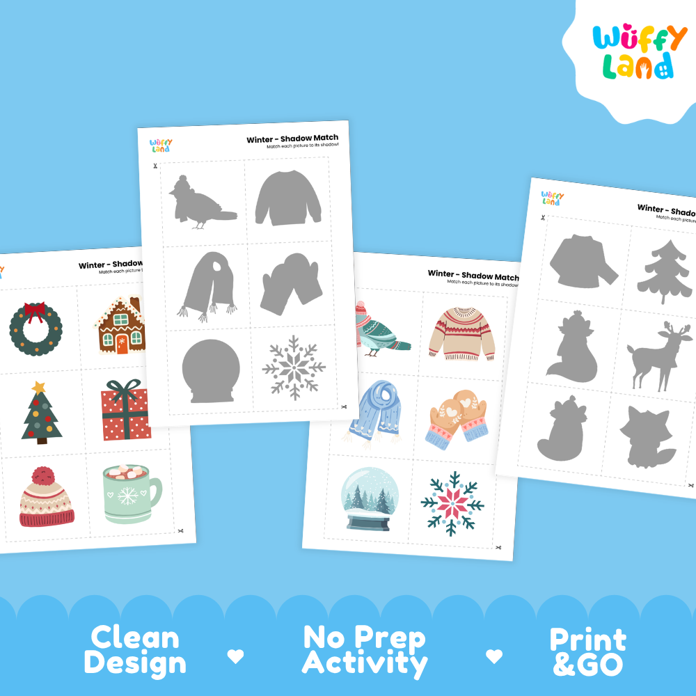 Full color winter object cards featuring wreaths, gingerbread houses, Christmas trees, gifts, and hot cocoa