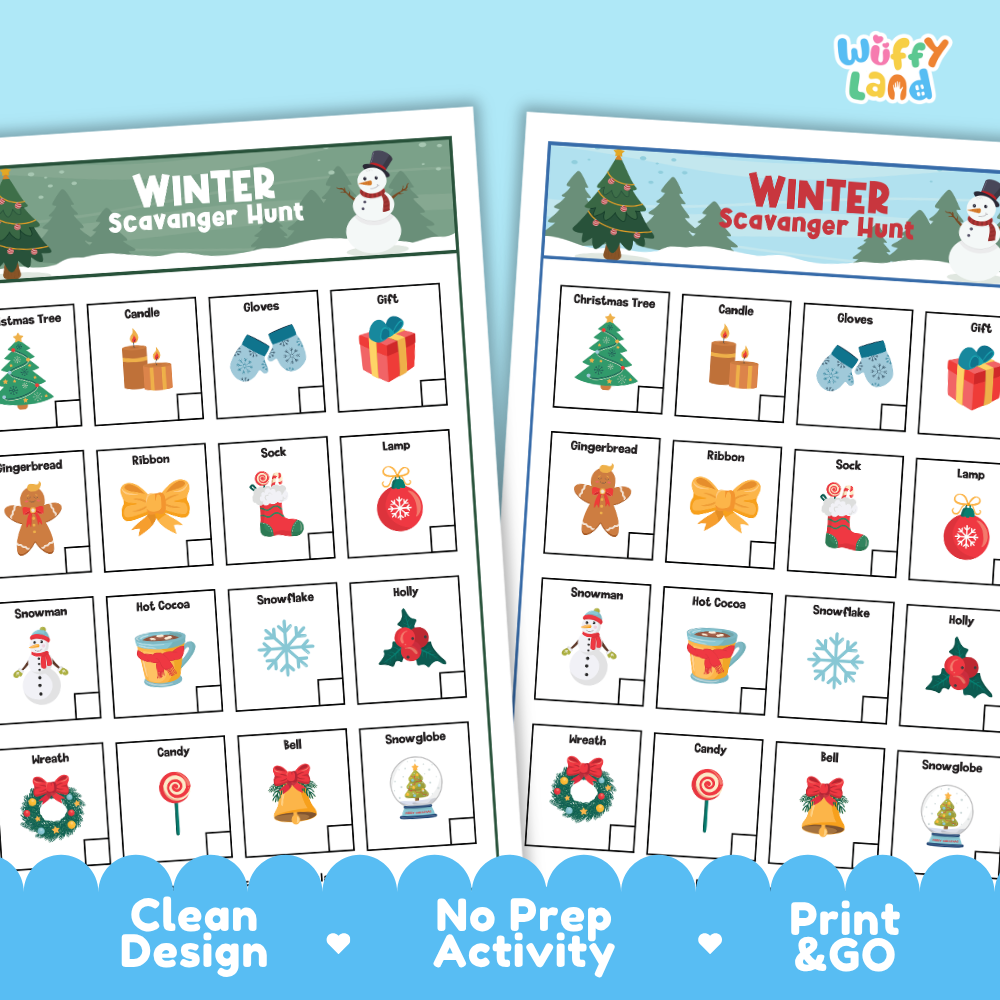 Printable scavenger hunt sheets featuring grids of Christmas trees, candles, gloves, gifts, and snowmen