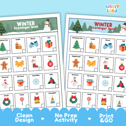Printable scavenger hunt sheets featuring grids of Christmas trees, candles, gloves, gifts, and snowmen