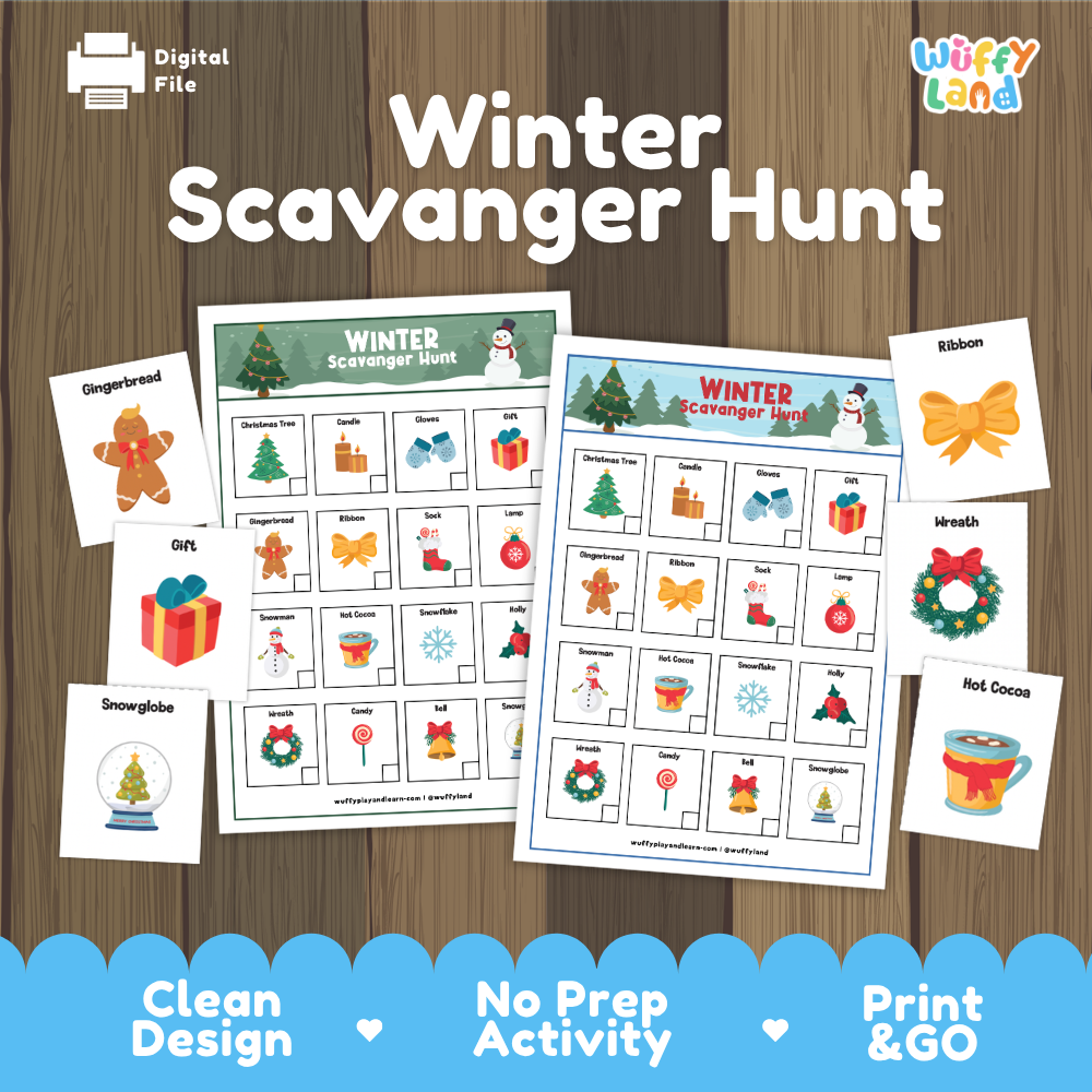 Winter scavenger hunt cover showing printable search checklists and matching holiday picture cards
