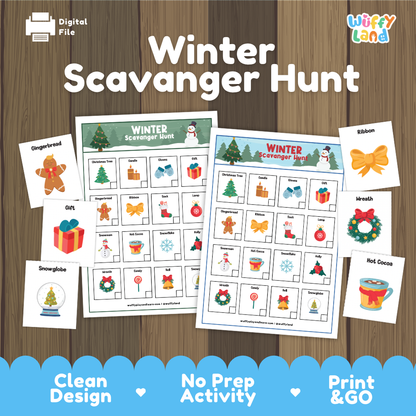 Winter scavenger hunt cover showing printable search checklists and matching holiday picture cards