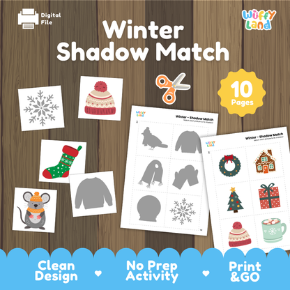 Winter shadow match activity cover showing 10-page printable pack with beanie, winter stocking, winter mouse, and shadow matching worksheets
