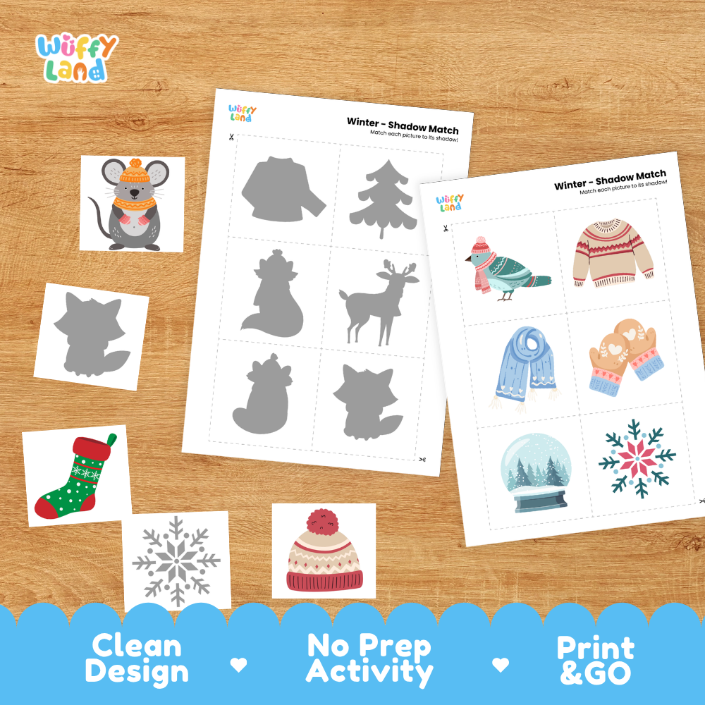 Printable shadow matching grid sheet showing silhouettes of birds, sweaters, scarves, mittens, and snowflakes