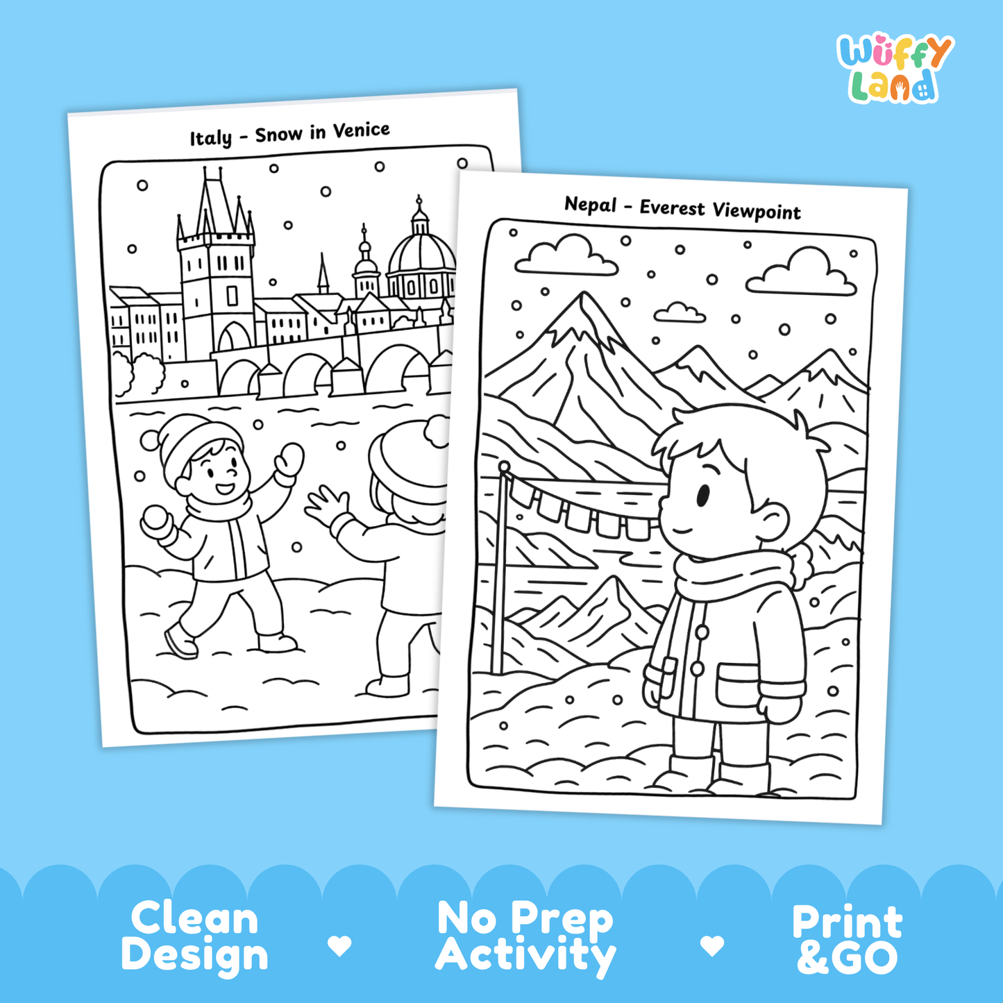 Winter-themed geography coloring pages for kids featuring international scenes such as snow in Venice, a Norway fjord ice walk, a Nepal Everest viewpoint, and festive winter markets, with a mix of black-and-white and colored sample pages for classroom or homeschool use.