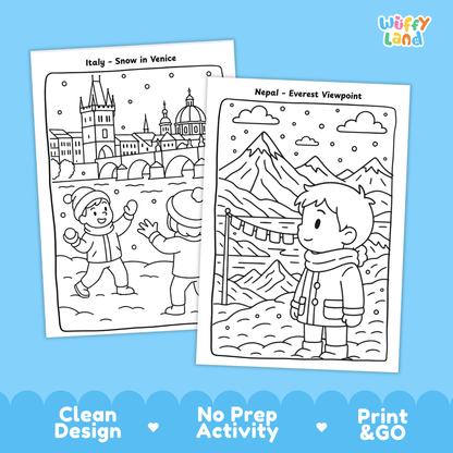 Winter-themed geography coloring pages for kids featuring international scenes such as snow in Venice, a Norway fjord ice walk, a Nepal Everest viewpoint, and festive winter markets, with a mix of black-and-white and colored sample pages for classroom or homeschool use.