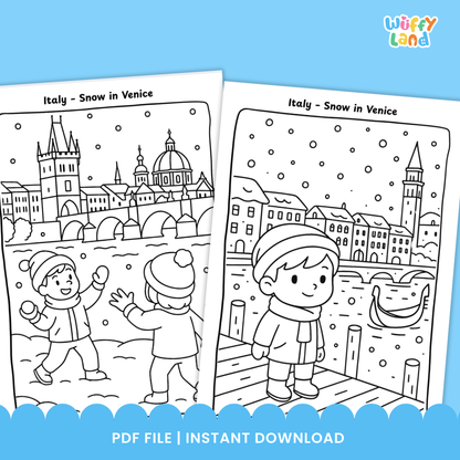 Winter-themed geography coloring pages for kids featuring international scenes such as snow in Venice, a Norway fjord ice walk, a Nepal Everest viewpoint, and festive winter markets, with a mix of black-and-white and colored sample pages for classroom or homeschool use.