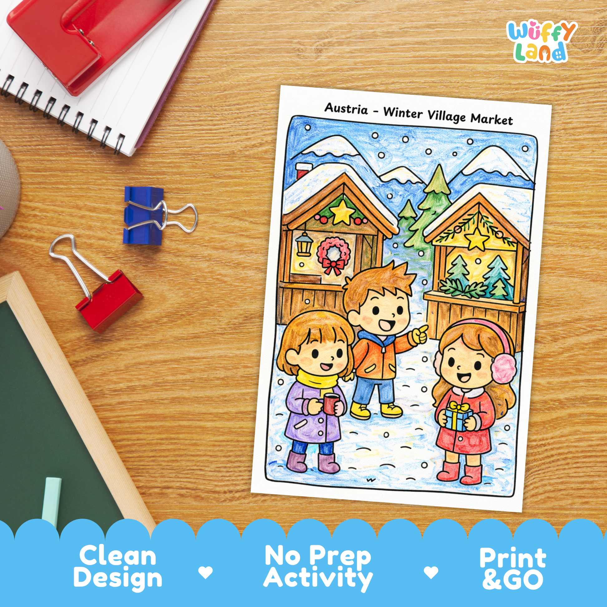 Winter-themed geography coloring pages for kids featuring international scenes such as snow in Venice, a Norway fjord ice walk, a Nepal Everest viewpoint, and festive winter markets, with a mix of black-and-white and colored sample pages for classroom or homeschool use.