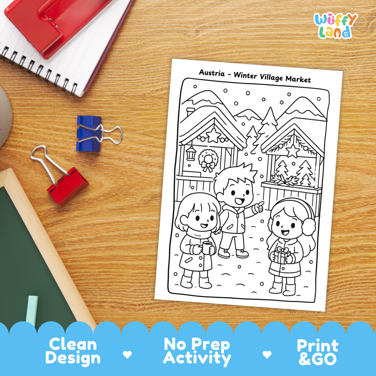 Winter-themed geography coloring pages for kids featuring international scenes such as snow in Venice, a Norway fjord ice walk, a Nepal Everest viewpoint, and festive winter markets, with a mix of black-and-white and colored sample pages for classroom or homeschool use.