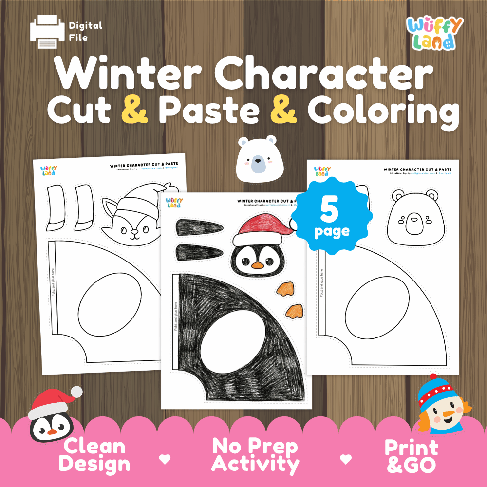 Winter Character Cut and Paste Coloring Craft Activities Worksheets