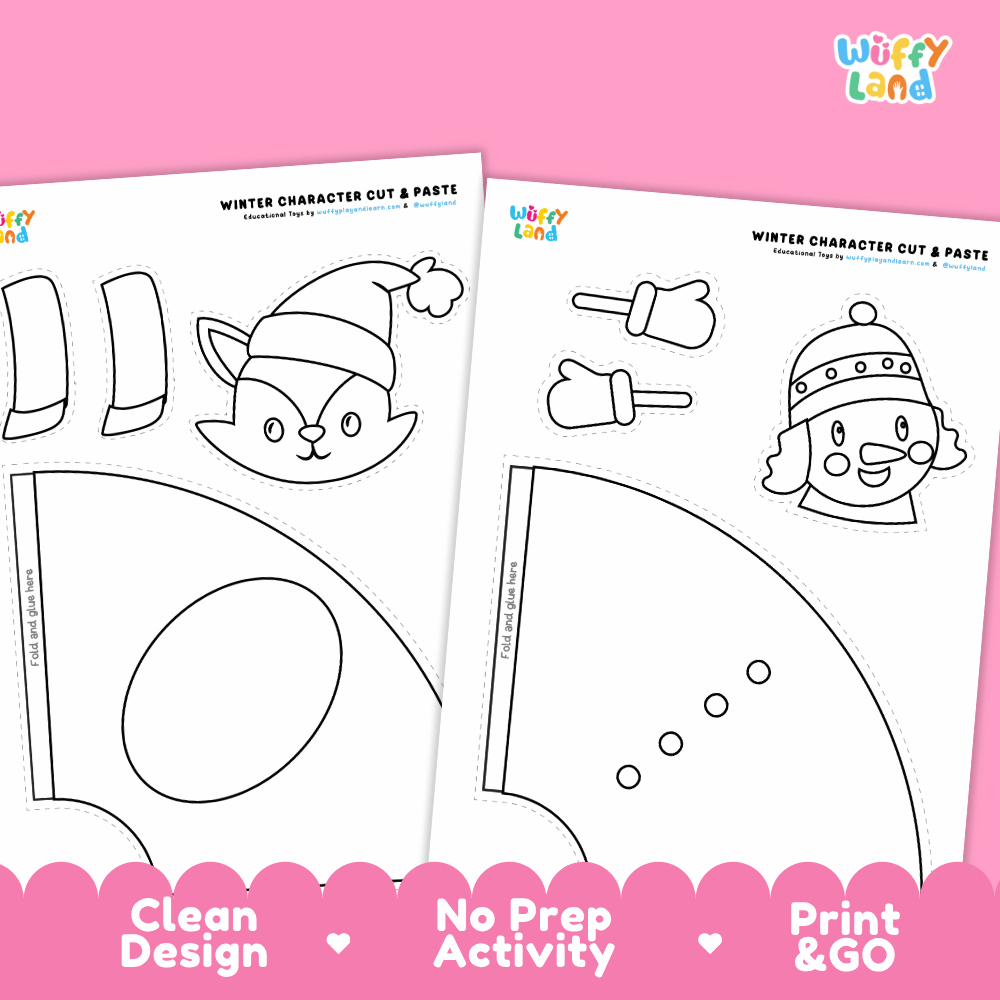 Winter Character Cut and Paste Coloring Craft Activities Worksheets